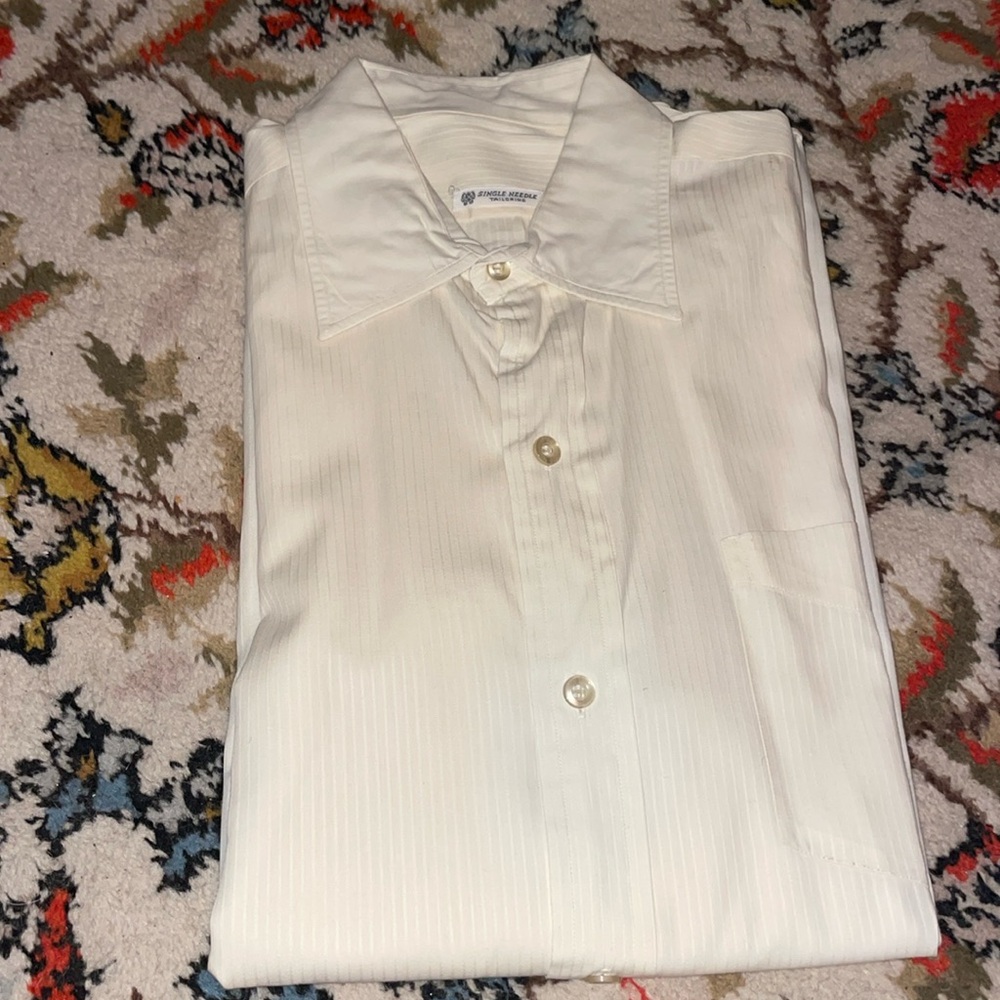 Vintage Single Needle Tailoring Men’s Cream Striped Dress Shirt French C…